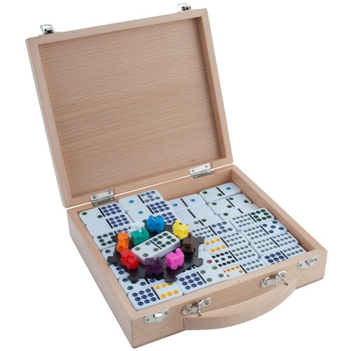 Jeu traditionnel de Dominos train mexicain D12 dans valise en bois Dominos Engelhart Longeur:6 cm Largeur:25 cm Profondeur:23 cm