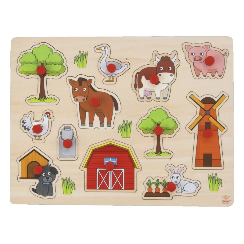 La Ferme Puzzle d’encastrement en bois de qualité avec boutons Jeux éducatifs Engelhart Longeur:22,5 cm Largeur:30 cm Profondeur