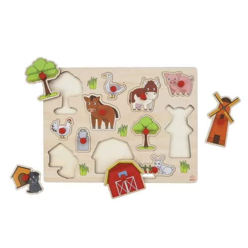 La Ferme Puzzle d’encastrement en bois de qualité avec boutons Jeux éducatifs Engelhart Longeur:22,5 cm Largeur:30 cm Profondeur