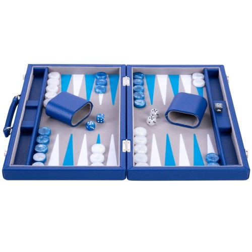 Backgammon 15" bleu de qualité 38 cm, accessoires nacrés