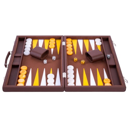 Backgammon 18" marron et jaune de qualité 45.5 cm, accessoires nacrés
