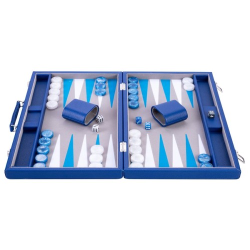 Backgammon 18" bleu et blanc de qualité 45,5 cm, accessoires nacrés
