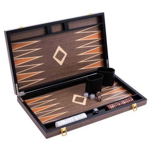 Backgammon de luxe 18" Plaqué en ronces de noyer Backgammon Engelhart Longeur:45,5 cm Largeur:26 cm Profondeur:5,6 cm Age minimu