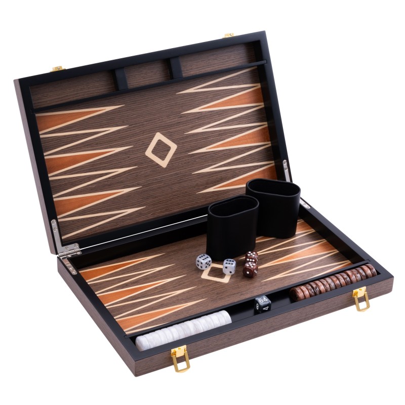 Backgammon de luxe 15" Plaqué en ronces de noyer Backgammon Engelhart Longeur:38 cm Largeur:24 cm Profondeur:5,6 cm Age minimum 