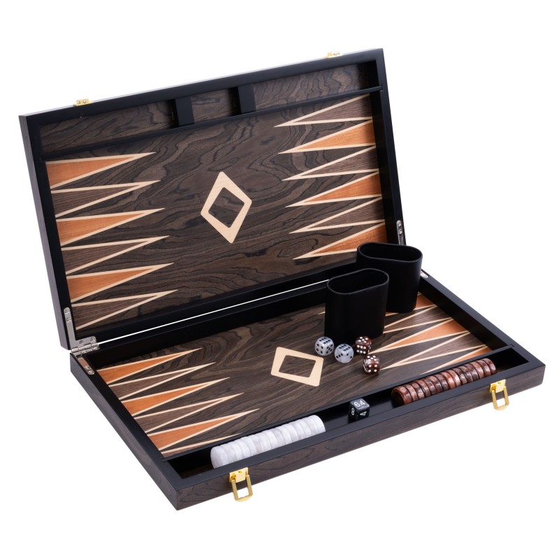 Backgammon de luxe 18" Plaqué en bois d'ébène brun Backgammon Engelhart Longeur:45,5 cm Largeur:26 cm Profondeur:5,6 cm Age mini