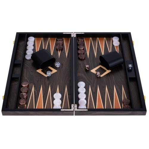 Backgammon de luxe 18" Plaqué en bois d'ébène brun Backgammon Engelhart Longeur:45,5 cm Largeur:26 cm Profondeur:5,6 cm Age mini