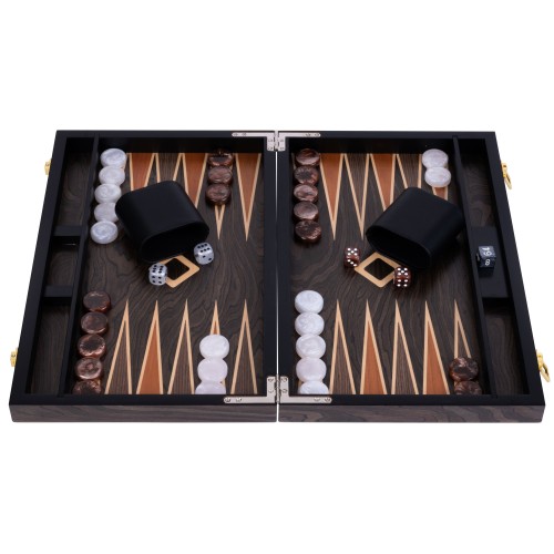 Backgammon de luxe 15" Plaqué en bois d'ébène brun Backgammon Engelhart Longeur:38 cm Largeur:24 cm Profondeur:5,6 cm Age minimu