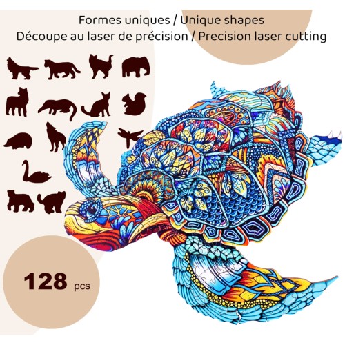 Puzzle bois Pop Art Tortue A4, 128 pièces, design océan