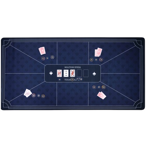 Vue du tapis de poker bleu de 180 x 90 cm, idéal pour plusieurs joueurs