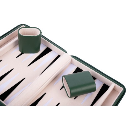 Backgammon compact avec extérieur en simili cuir vert et intérieur en feutre crème/noir/blanc