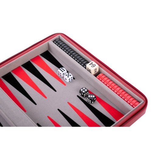 Backgammon de voyage avec extérieur en simili cuir rouge et intérieur en feutre durable