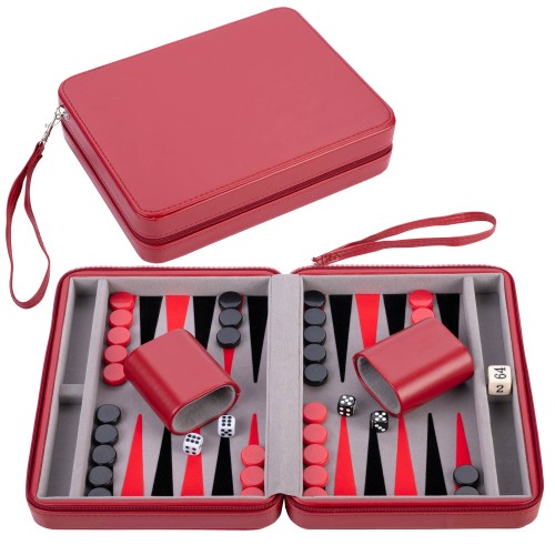 Jeu de backgammon portable 9 pouces rouge avec fermeture éclair sécurisée