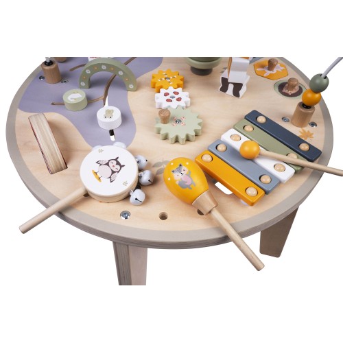 Table d'activités en bois avec boulier, xylophone et empilement de blocs